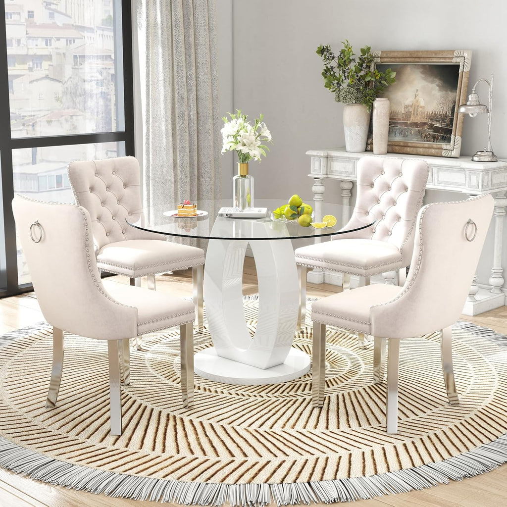 RGZ 39'' Modern Luxury Glass Round Dining Table for 4-6, Clear Circle Glass Top Kitchen Table with White MDF Base, Small Circular Minimalist Apartment Dinner Table for Home, Living Room, Tea