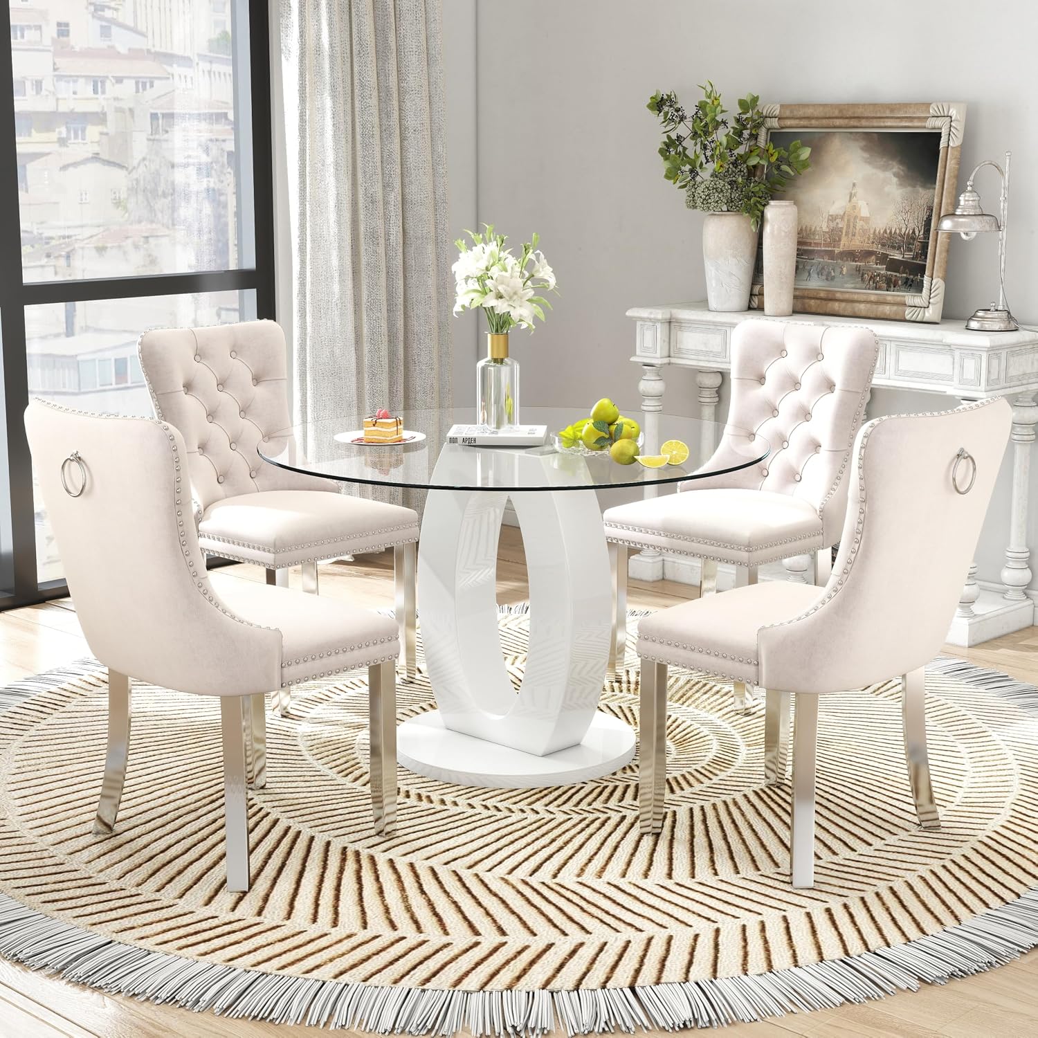 RGZ 39'' Modern Luxury Glass Round Dining Table for 4-6, Clear Circle Glass Top Kitchen Table with White MDF Base, Small Circular Minimalist Apartment Dinner Table for Home, Living Room, Tea