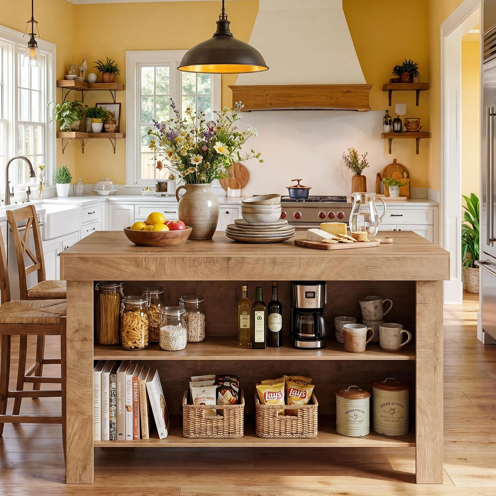 Tribesigns 55" Kitchen Island with Storage & Seating (Natural Brown ...