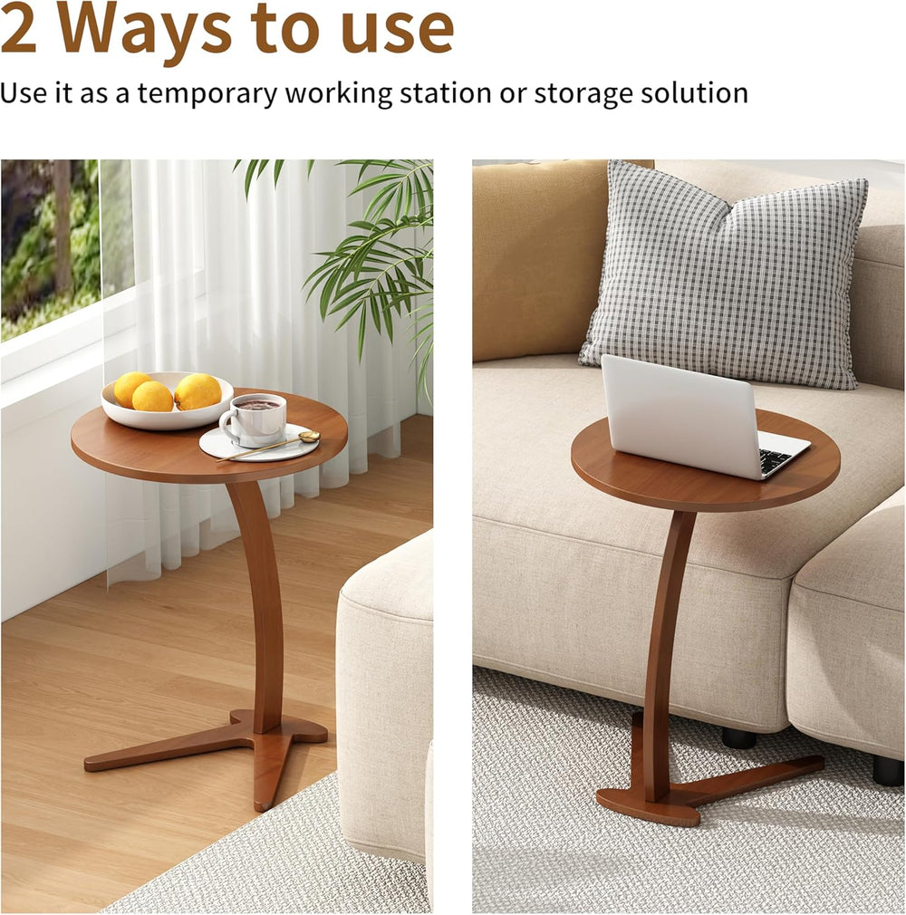 C Shaped End Table, Small Round Side Table for Couch, Slide Under Sofa Tray D...