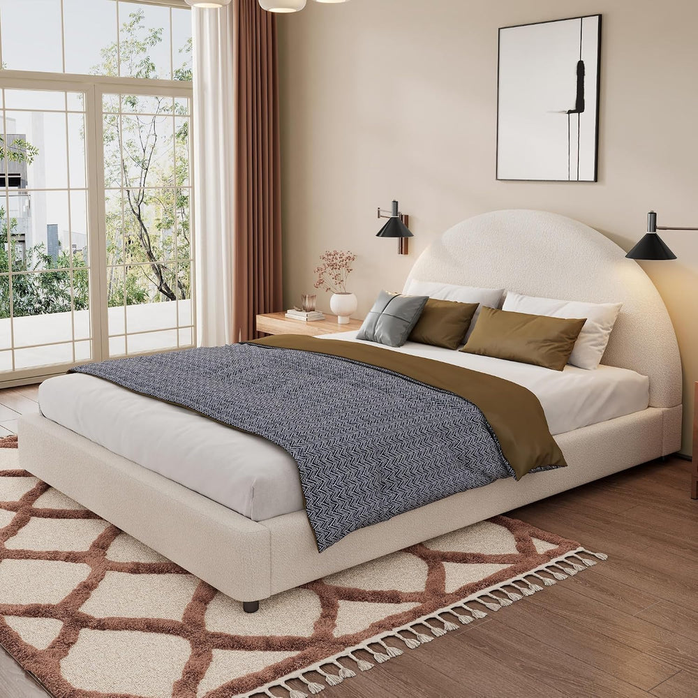Peanu Queen Bed Frame, Boucle Upholstered Curved Headboard, White
