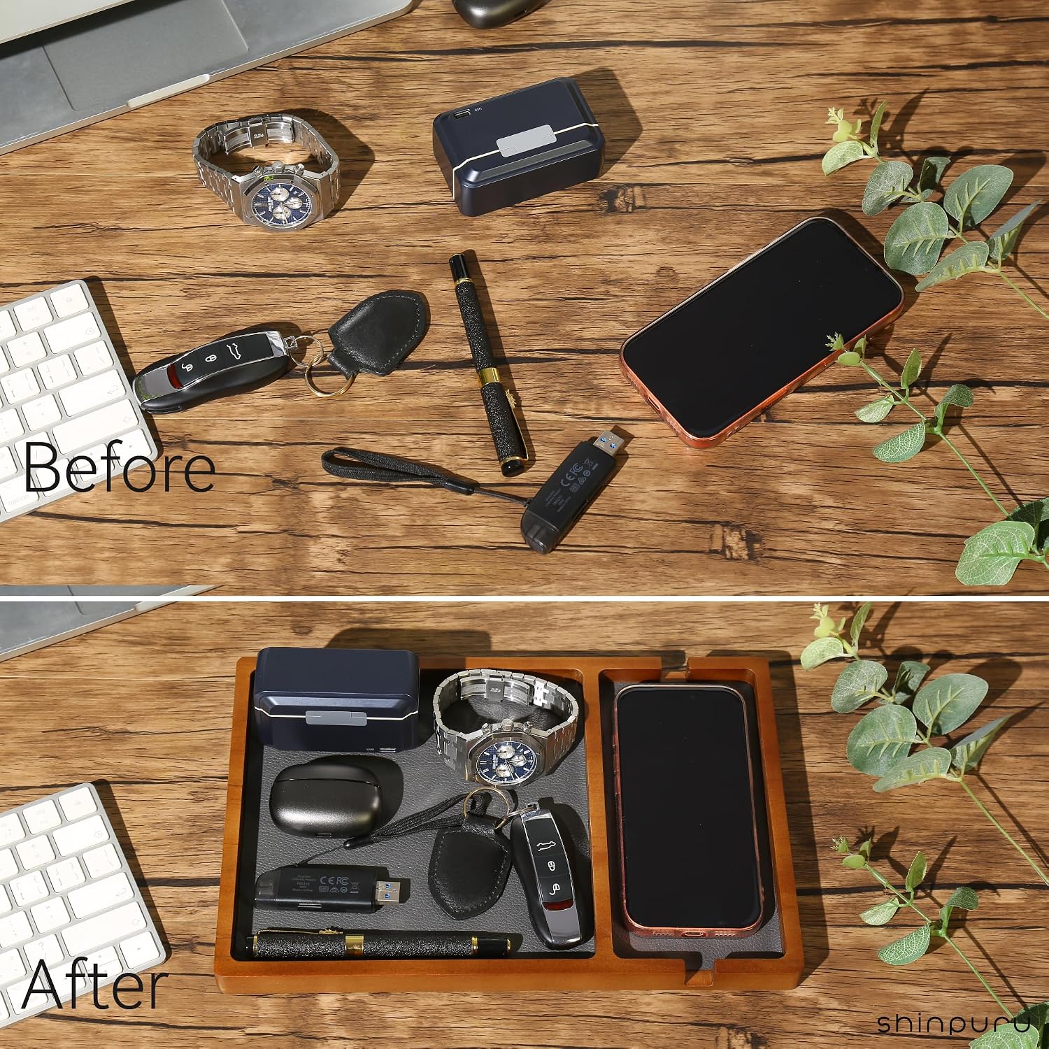 Shinpuru Wooden Valet Tray for Men, Nightstand Organizer with Leather Inlay, EDC Essentials Catchall Tray for Keys, Phone, Wallet, Watch, Earbuds - Bedside Desk Entryway Tray (Wood-Phone)
