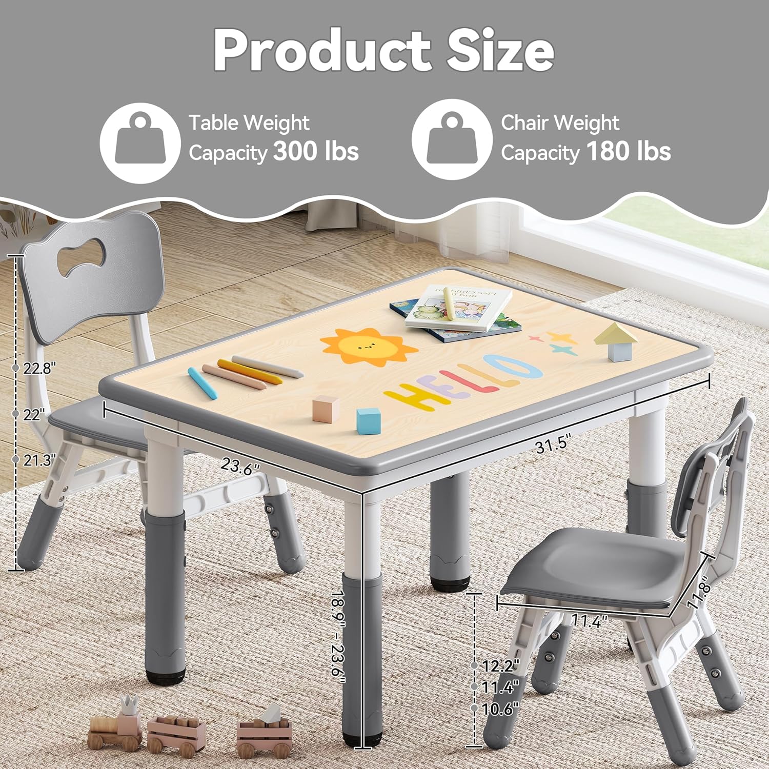 GITAWUSA Kids Study Table and Chairs Set, Height Adjustable Toddler Table and Chair Set for Kids Ages 3-8, 31.5" L x 23.6" W Graffiti Desktop Plastic Children Art Table with 2 Seats, Grey