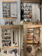 Feyejade Hanging Jewelry Organizer, 5-Tier Wall Earring Holder with Wooden Ring Groove, Jewelry Rack Wall Mounted for Earrings, Necklaces, Bracelets and Rings, Jewelry Holder Stand, Black