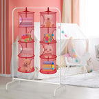 Libeder Stuffed Animal Storage Mesh Hanging Storage Space Saver Bags Organizer,Foldable Storage Organizer 4 Compartments Toy Net Storage Basket for Kids Room Bathroom 2 Sets Red
