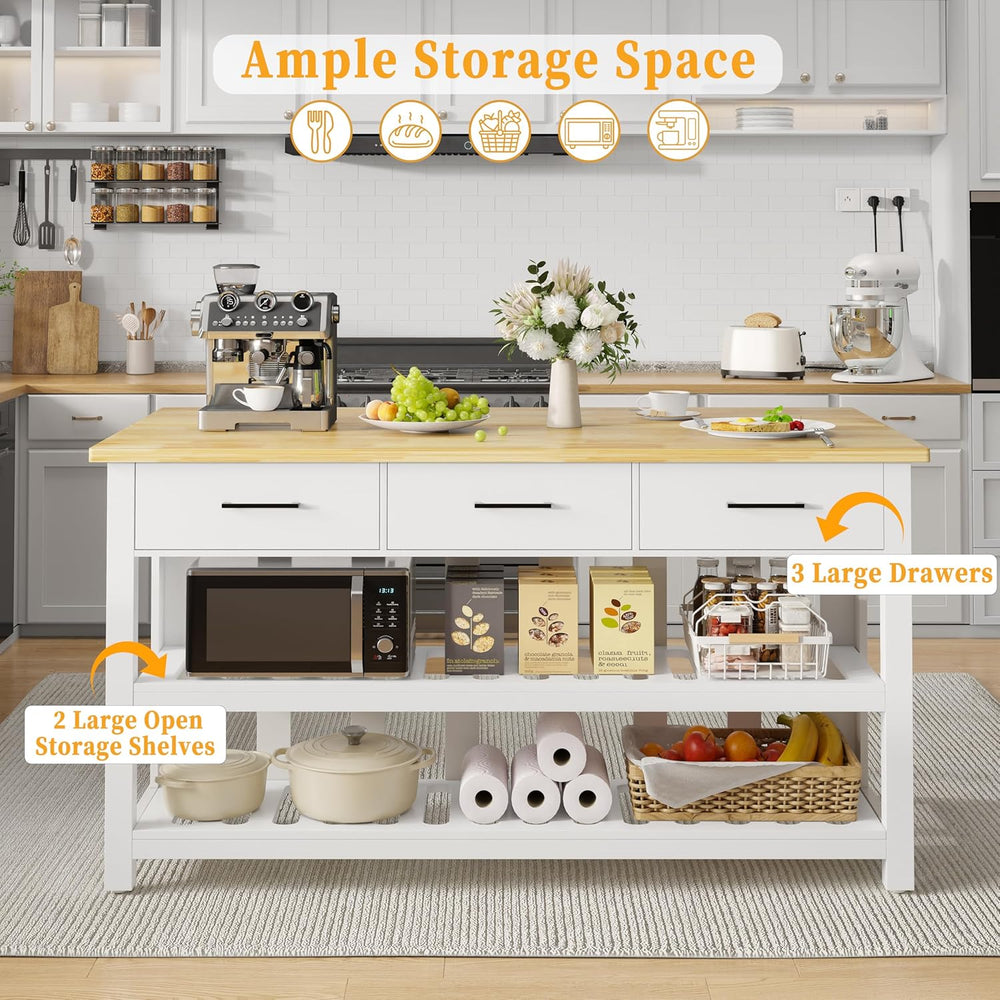 DynJest 60" Solid Rubberwood Kitchen Island with Power Outlets, Hooks,Wh...