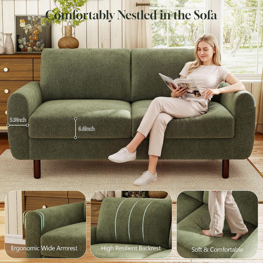68" Loveseat Sofa, Comfy Chenille Fabric Couches for Living Room with Spring Cushion and Solid Wood Frame, Modern Deep Seat Couch for Bedroom, Apartment, Office, Easy Assembly,Green