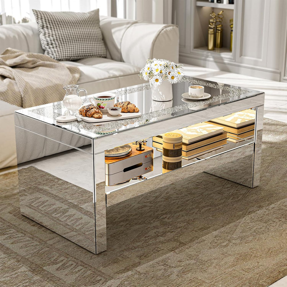 IKIFLY Mirrored Coffee Table with Mirror Crystal Board, Glass Rectangle End T...