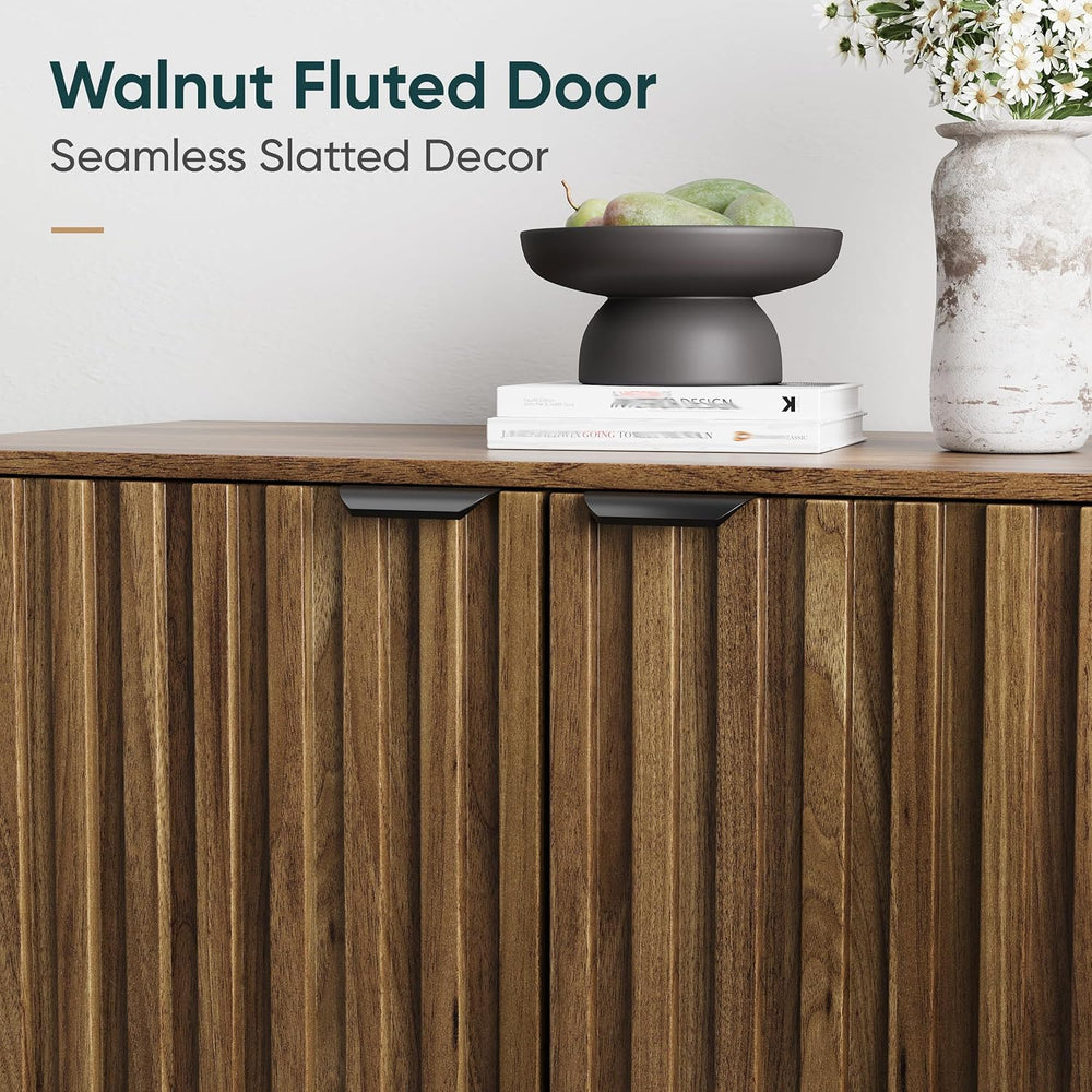 Walnut Buffet Cabinet with Storage, Sideboard Cabinet with Fluted Doors and M...