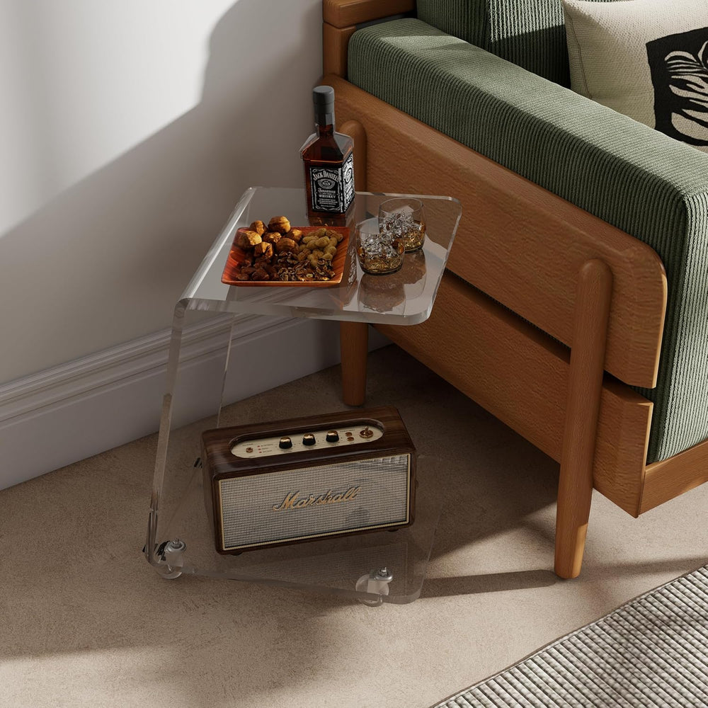 C Shaped Side Table for Sofa, Heavy Clear Acrylic Mobile End Table on Wheels,...