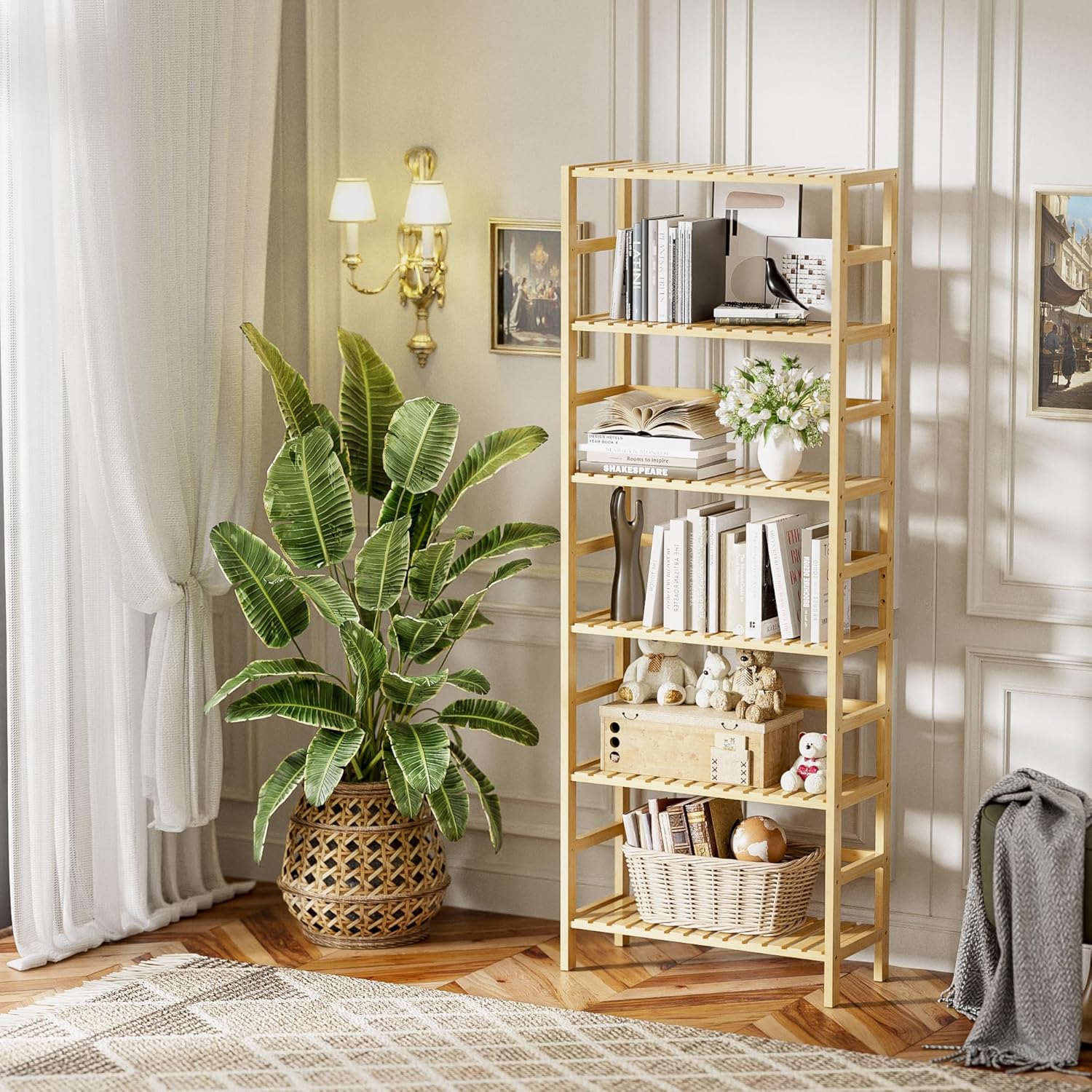 HITNET Bamboo Shelf, 6-Tier Adjustable Tall Open Bookcase, Bathroom Storage Rack Freestanding Shelving Unit, Plant Display Stand for Small Space, Natural
