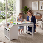 GLACER Kids Art Table and Chairs, Wooden Toddler Craft Table with Paper Roll & 4 Paint Cups, Activity Desk with Storage Shelves and 2 Fabric Bins, Art Station for Playroom, Nursery
