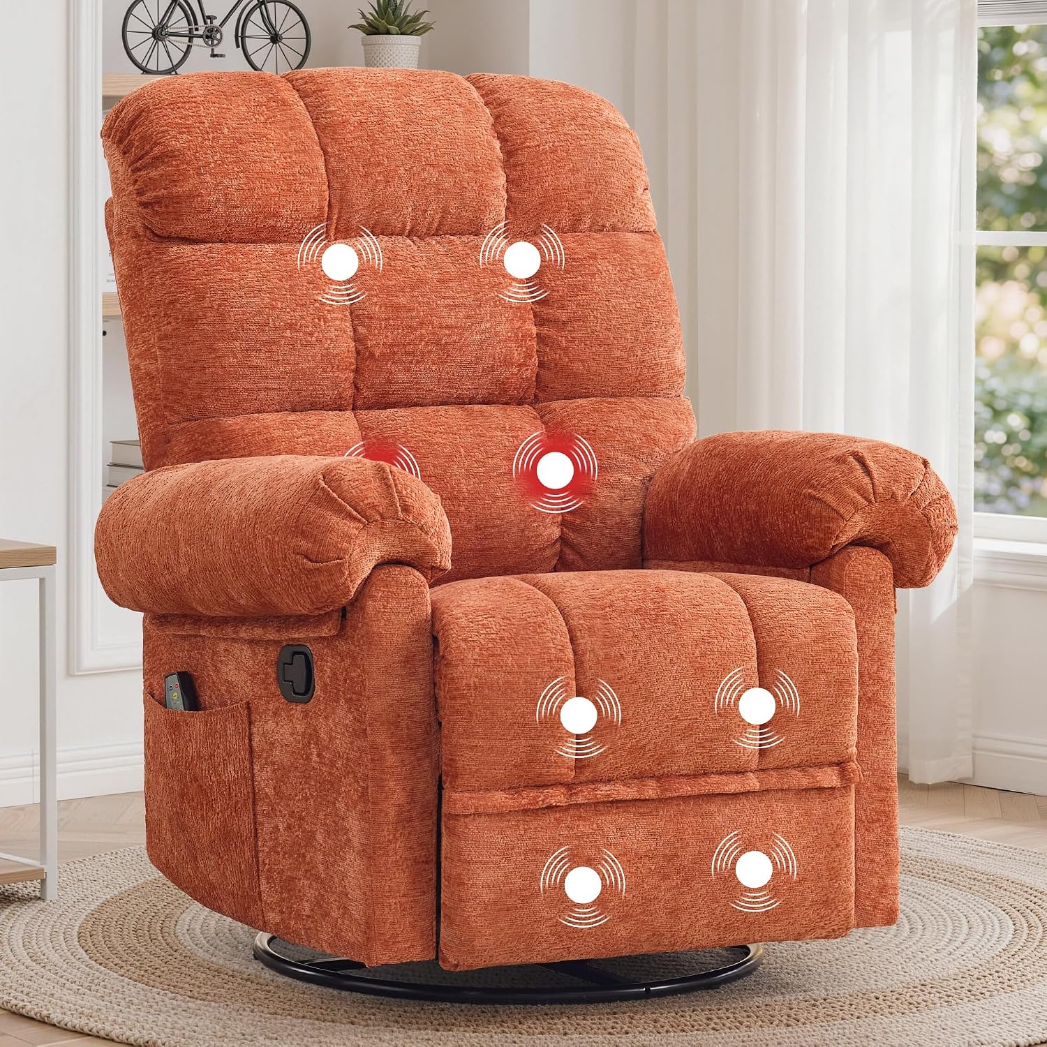 Korser 360° Swivel Rocker Recliner Chair, Rocking Chair Nursery with Massage and Heat, Small Recliners for Small Space, Manual Reclining Chair with Cozy Chenille Fabric, Side Pockets for Living Room