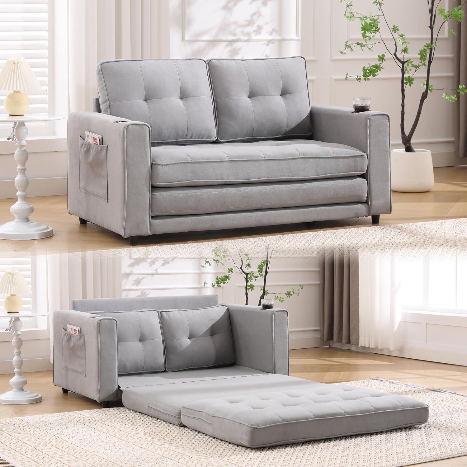 Convertible Sofa Bed, Folding Loveseat Sleeper Sofa Bed with Pillows,Fold Out Floor Couch with Cup Holder, Fabric Pull Out Sleeper Couch Bed for Living Room, Bedroom Lounge, Light Gary