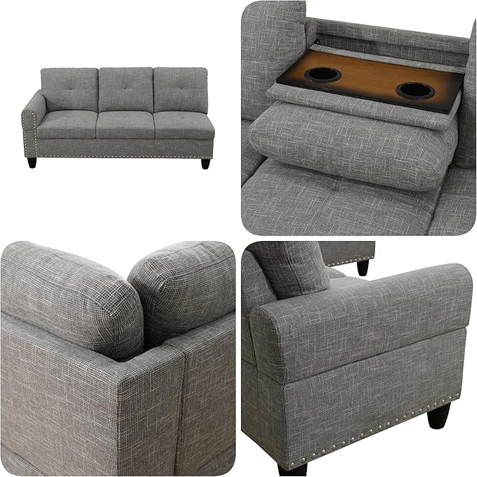 Sectional Couches for Living Room with Movable Chaise & Storage Ottoman - 97.5" Linen L Shaped Couches for Living Room Apartment, Home Modular Sectional Sofas with Cup Holder, Grey