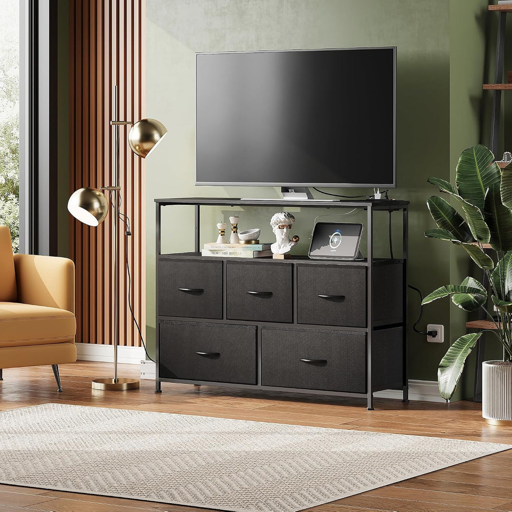 WLIVE 5 Drawer Fabric Dresser Charging Station Bedroom Chest, Black