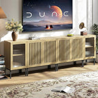 Modern TV Stand for TVs up to 100 Inch, Entertainment Center TV Console with Storage Cabinets and Glass Doors,Media Console for Living Room,Oak