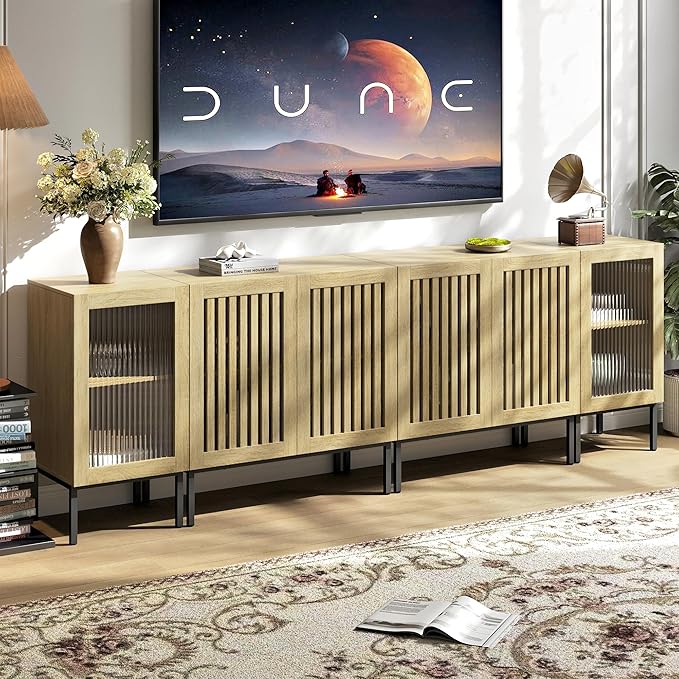 Modern TV Stand for TVs up to 100 Inch, Entertainment Center TV Console with Storage Cabinets and Glass Doors,Media Console for Living Room,Oak