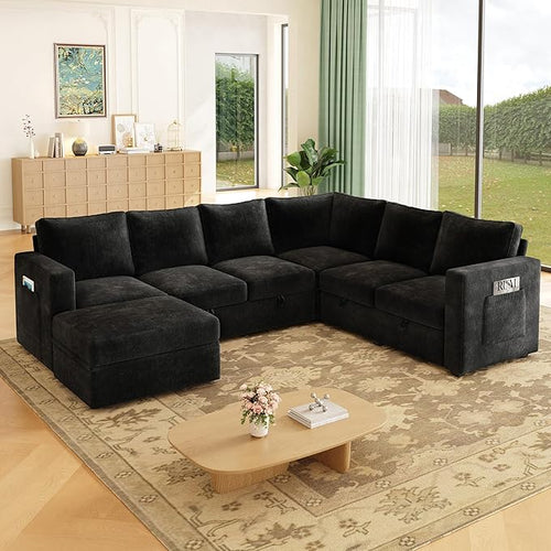 106.7" Sectional Sleeper Sofa with Pull Out Couch, Modern 7 Seat U Shaped Modular Couch, Sectionals Modular Sofa with Storage, Comfy Sectional Couches for Living Room & Apartment, Black
