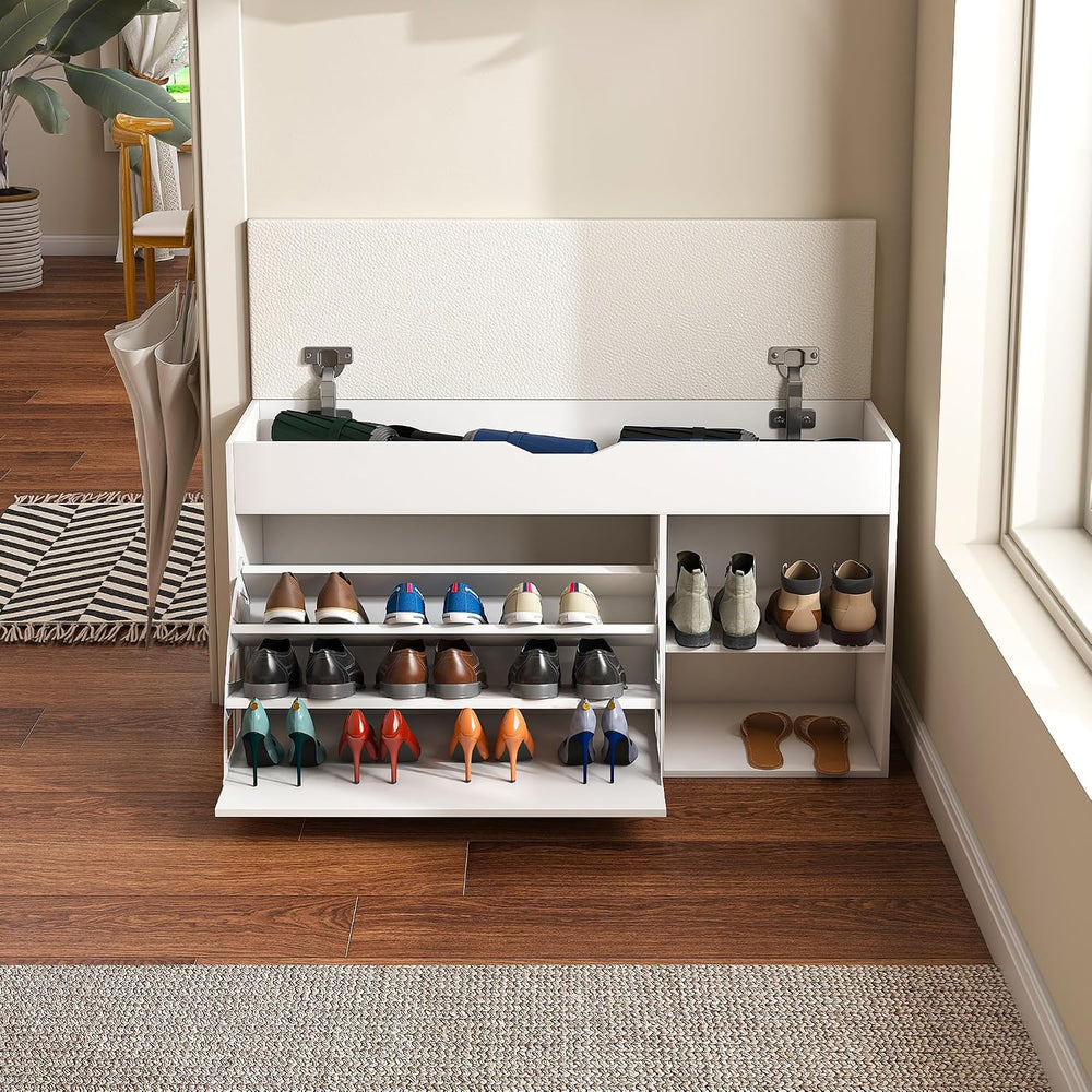 White Shoe Storage Bench, 3-Tier FlipUp Entryway Bench, 39.7 x 11.8X 20.47 Wo...