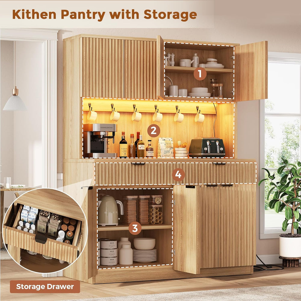 Jocoevol Fluted Kitchen Pantry Storage Cabinet with Charging Station/LED Ligh...