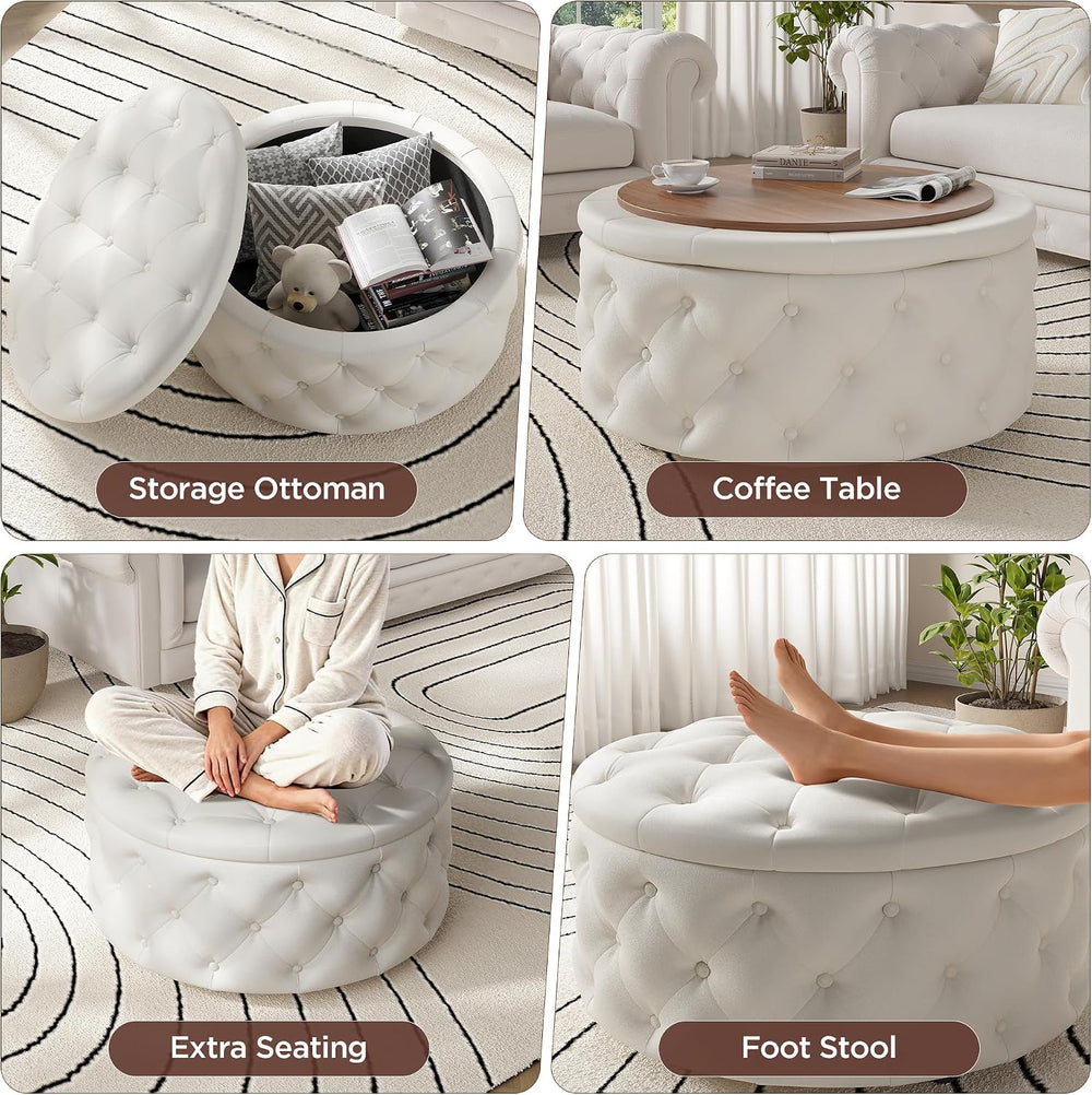 FiveWillowise 30 Inch Round Ottoman with Storage Tray,Large Coffee Table | Ci...