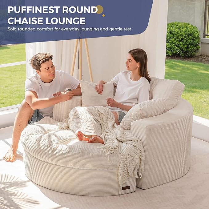 MAXYOYO Modular Sectional Chaise Lounge Sofa, 2 Sets Upholstered Lounge Chair with Ottoman, Comfy Round+ Square Couch with Layered Cushion, Tufted Sleeper Chair for Living Room, No Assembly, Beige