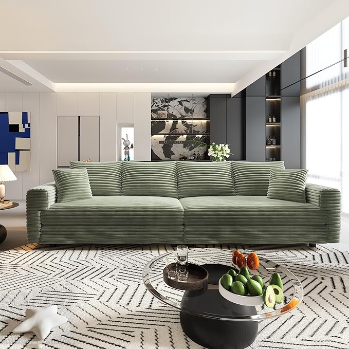 KEIKI 102.4" Sectional Couches, Modern Comfy Upholstered Sofa Cloud Couch, Deep Seat 4 Seat Sofa Set with Soft Pillows and Movable Ottoman for Living Room, Apartment, Office, Green