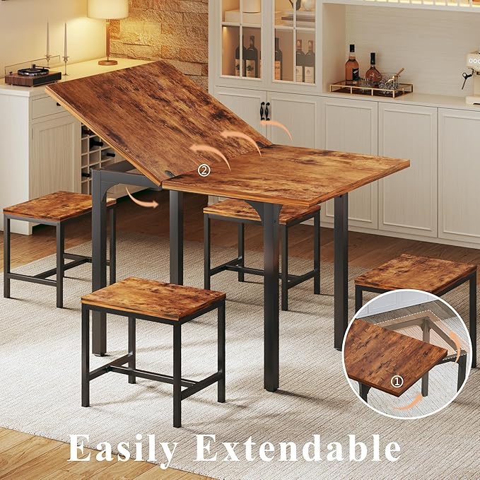 Dining Table Set for 4, Extendable Kitchen Table Chairs Set of 4, Rectangle D...