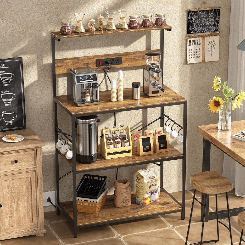 VUSIGN Kitchen Bakers Rack with Power Outlet, 31.5 Inch Coffee Bar Station with 6 S Hooks, 4 Tiers Microwave Stand with Storage, Kitchen Stand for Pots/Pans/Spices, Rustic Brown