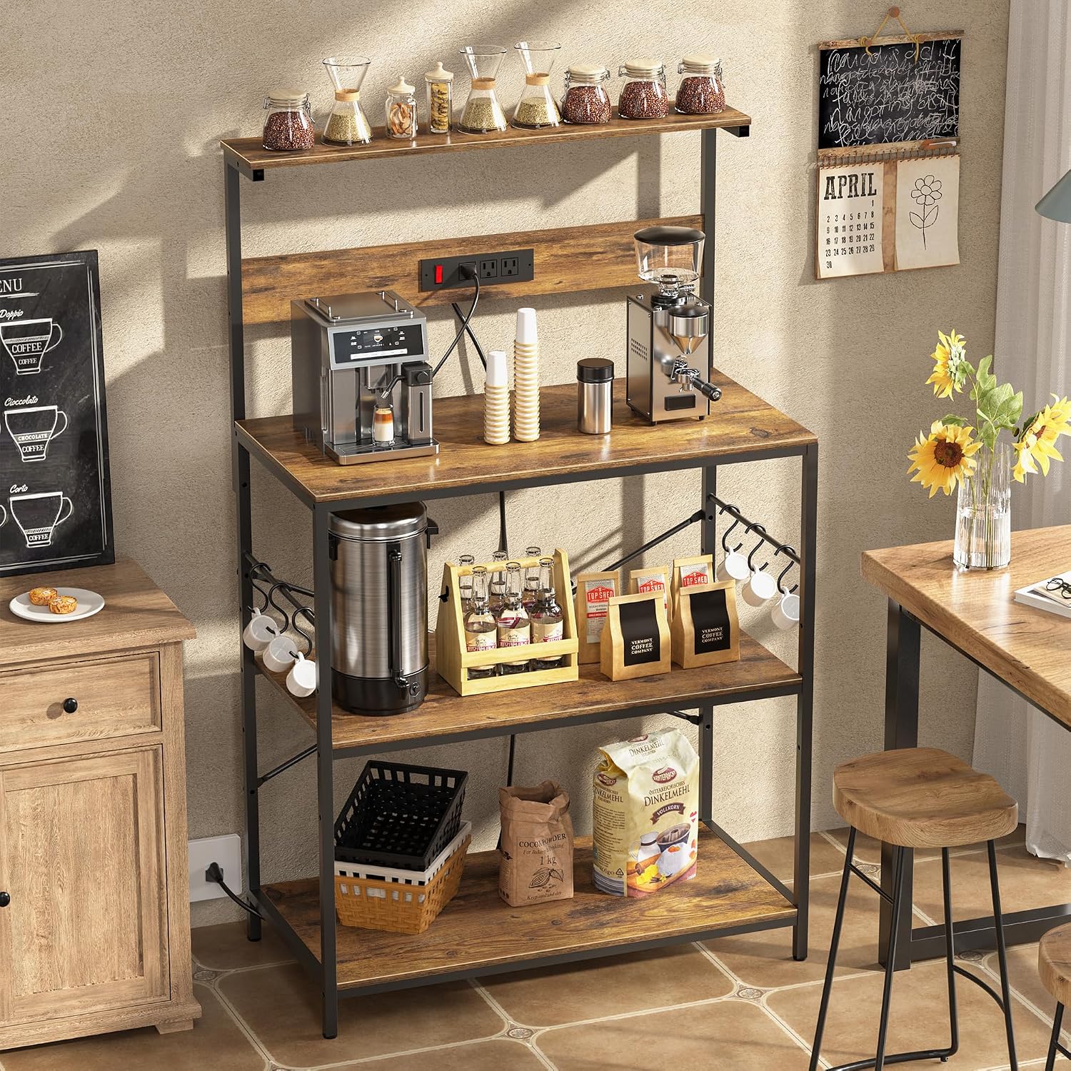 VUSIGN Kitchen Bakers Rack with Power Outlet, 31.5 Inch Coffee Bar Station with 6 S Hooks, 4 Tiers Microwave Stand with Storage, Kitchen Stand for Pots/Pans/Spices, Rustic Brown
