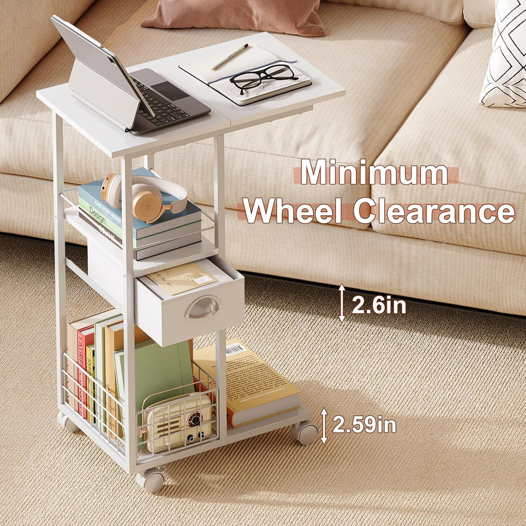Rolling Side Table with Storage Drawer, White Bedside Table with Wheels, TV Tray for Sofa, Portable Desk on Wheels, Modern Night Stand, Overbed Table for Bedroom, C Shaped End Tables Living Room
