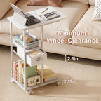 Rolling Side Table with Storage Drawer, White Bedside Table with Wheels, TV Tray for Sofa, Portable Desk on Wheels, Modern Night Stand, Overbed Table for Bedroom, C Shaped End Tables Living Room