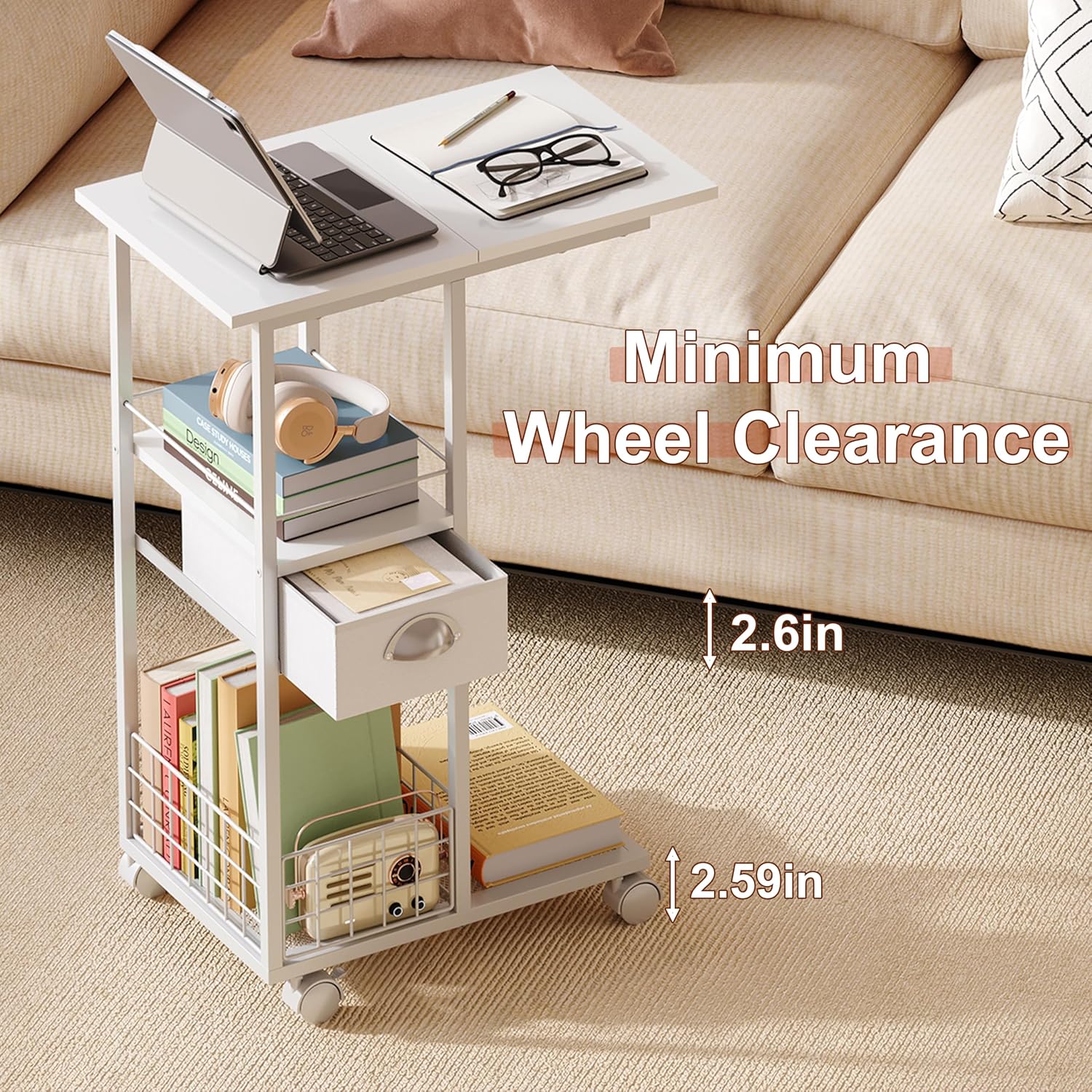 Rolling Side Table with Storage Drawer, White Bedside Table with Wheels, TV Tray for Sofa, Portable Desk on Wheels, Modern Night Stand, Overbed Table for Bedroom, C Shaped End Tables Living Room