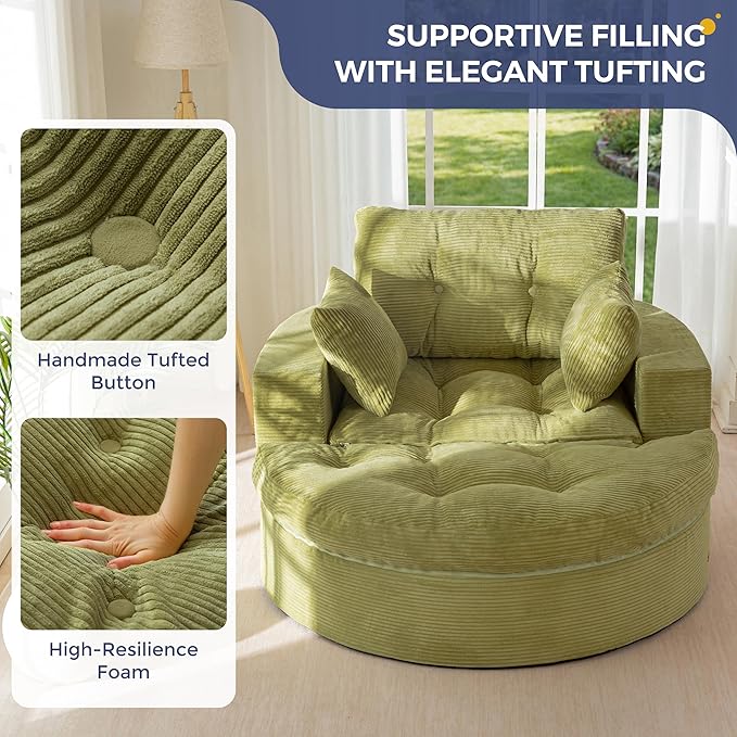 MAXYOYO Modular Sectional Chaise Lounge Sofa, Round Upholstered Lounge Chair with Ottoman, Comfy Couch with Layered Cushion, Tufted Sleeper Chair for Living Room, No Assembly, Green