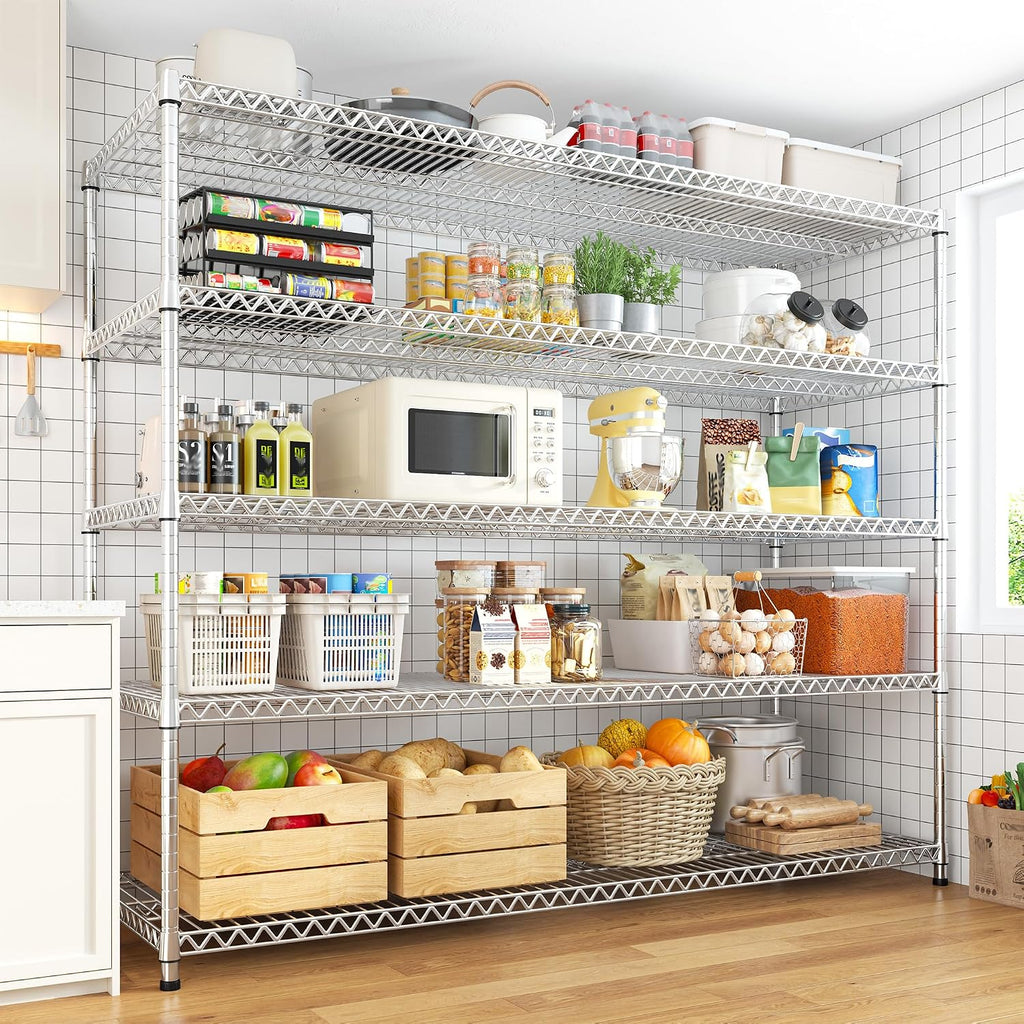 REIBII 55.5" W Storage Shelves 3200LBS Metal Shelving 5 Tier Wire Shelving Garage Shelving Heavy Duty Metal Shelves for Shelving Unit Commercial Adjustable Shelf, 55.5" W X 18''D X 71" H，Chrome
