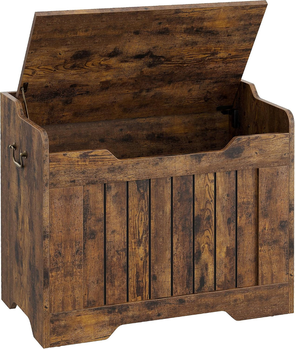 IDEALHOSUE 24.8” Storage Chest, Wooden Storage Bench with Safety Hinge, Retro Blanket Storage Trunk for Entryway, Living Room, Supports 350 lb, Rustic Brown