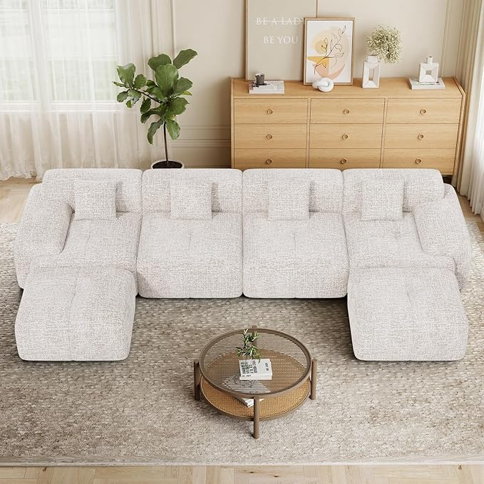 158" U Shaped Convertible Modular Couch, Cloud Couch Sectional with Ottoman, 6-Seater Chenille Boneless Couches for Living Room, Apartment, No Assembly, Beige 1PCS