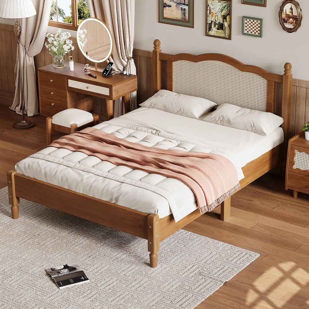 Full Size Wood Bed Frame with Rattan Headboard, Solid Wood Platform Bed Frame...