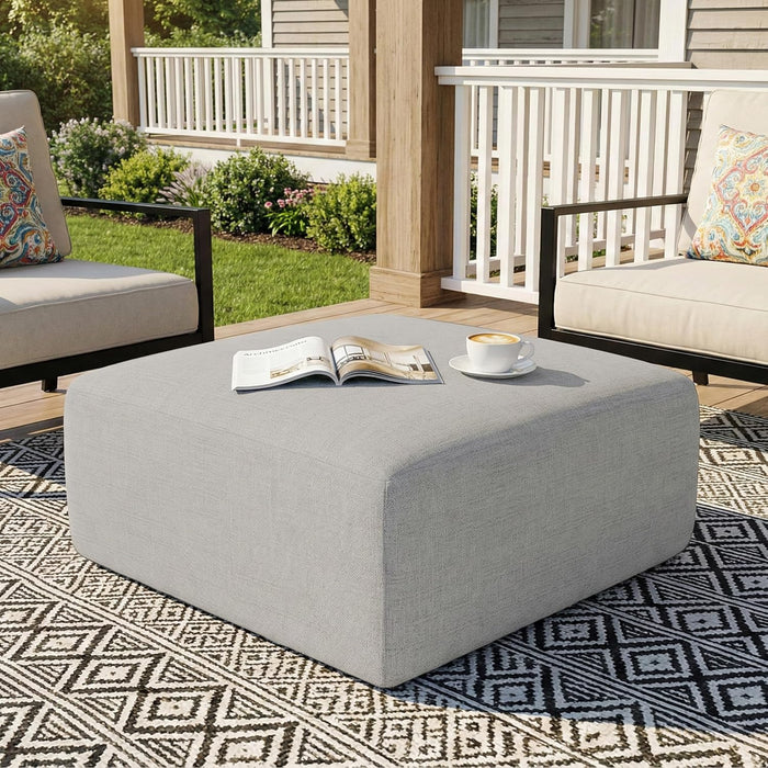 Living&Giving Square Outdoor Ottoman Pouf, 24 Inch Waterproof Patio Ottoman Foot Rest with Solid High-Density Foam, Comfy Floor Footstool for Outside Couch & Seating, Light Gray