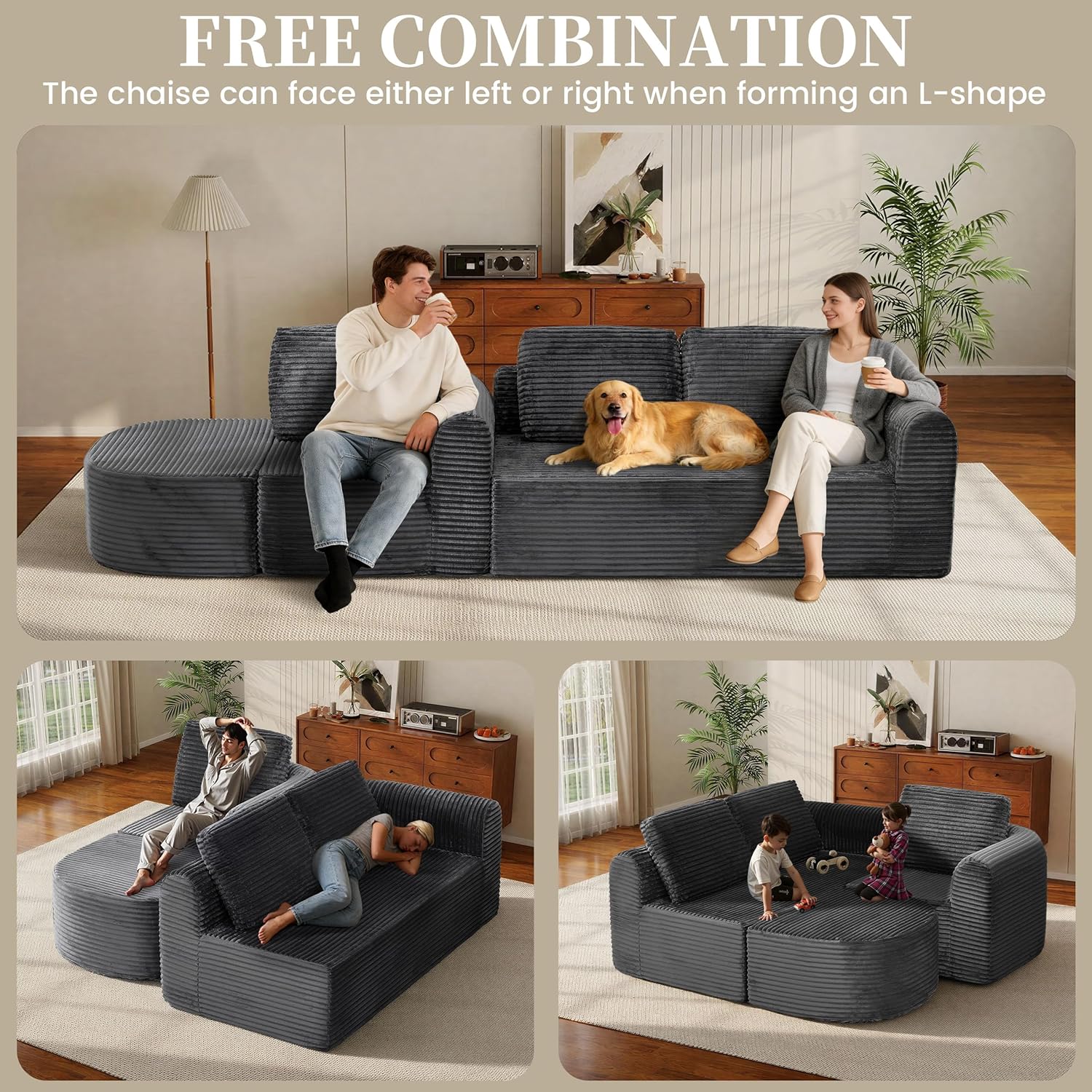 108” Modular Sectional Sofa, Boneless Couches for Living Room, Deep Seat L-Shape Cloud Couch with Chaise, Comfy Sofa Freely Change Configurations No Assembly Required, Soft Plush Corduroy Fabric(Grey)