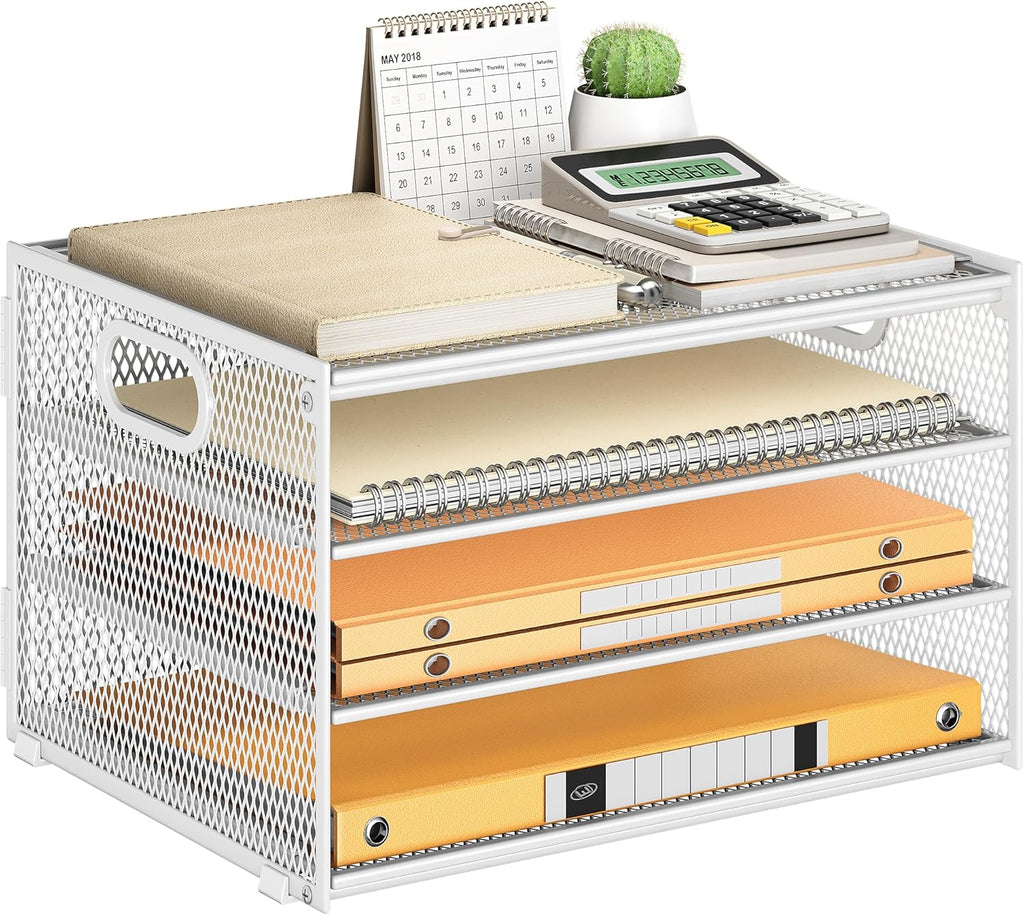 Subekyu Paper Letter Tray Organizer for Desk, White Metal Mesh Desk File Sorter Organizer with Handle and 2 Sliding Trays for Home Office School Supplies Organization