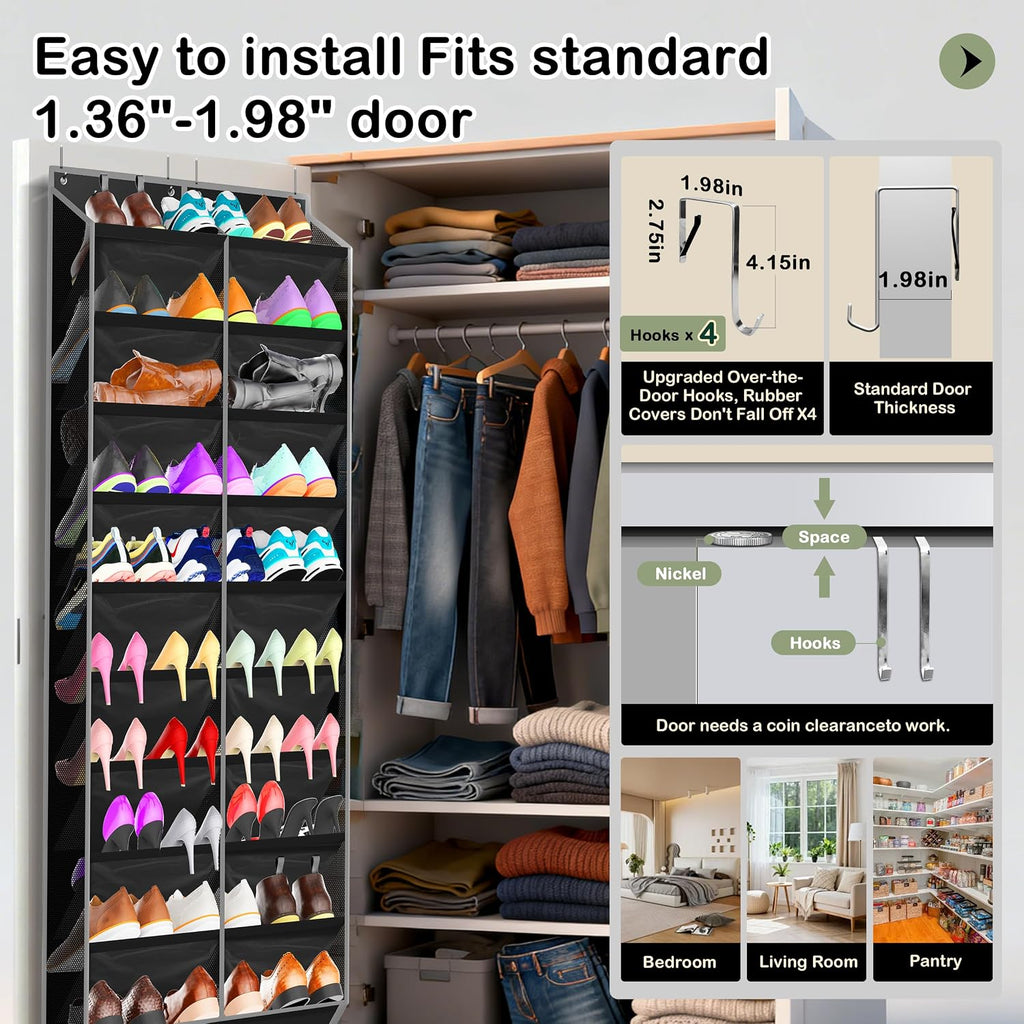 Kotkn 10-Tier Over the Door Shoe Organizer, 20 Pockets Holds 20-30 Pairs, Heavy-Duty Oxford Fabric with Hexagon Mesh for Boots & Sneakers-Black