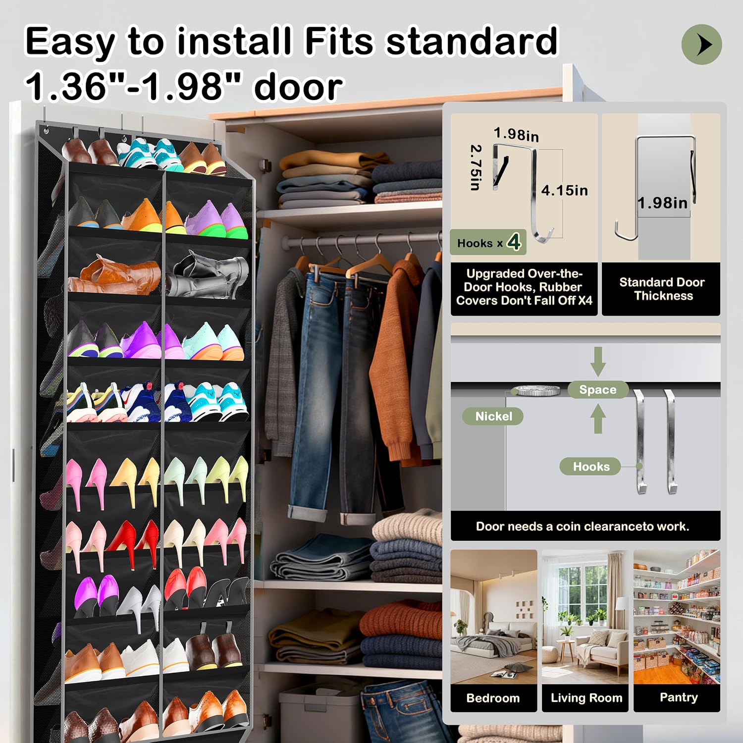 Kotkn 10-Tier Over the Door Shoe Organizer, 20 Pockets Holds 20-30 Pairs, Heavy-Duty Oxford Fabric with Hexagon Mesh for Boots & Sneakers-Black