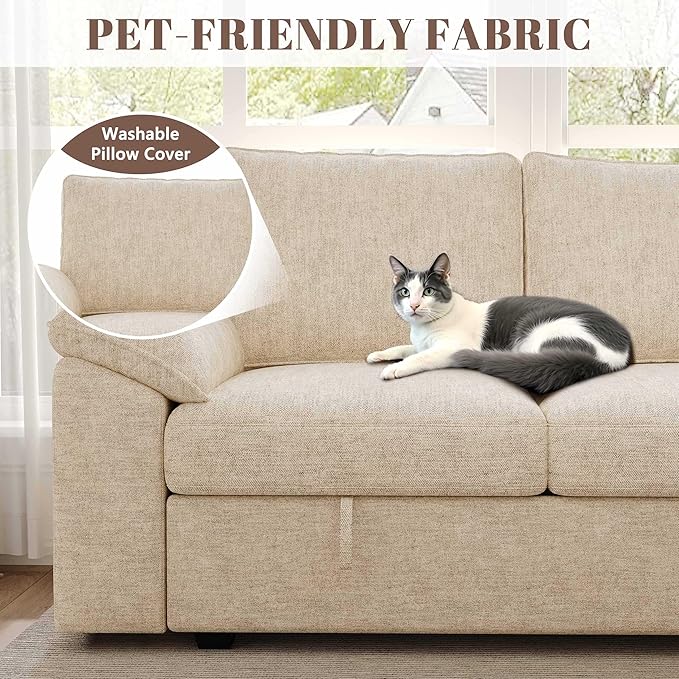 108 Inch Modular Sectional Sofa with Pull Out Bed,U Shaped 7 Seat Sectional Sleeper Sofa with Storage,Sectional Couches for Living Room,Cloud Modular Couch,Removable Sofa Cover,Beige