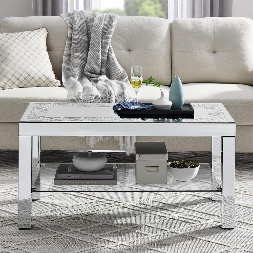 Silver Mirrored 3 Piece Living Room Table Set, Modern 2 Tier Rectangle Center...