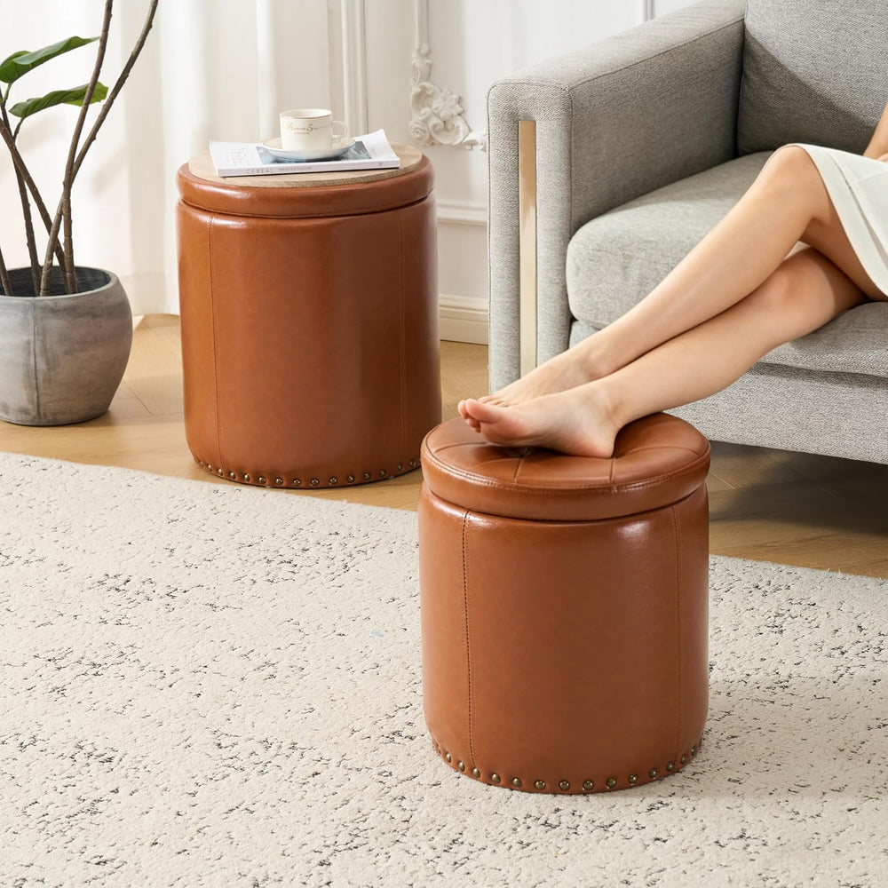 Royal Windsor Round Ottoman with Storage Set of 2, Faux Leather Button Tufted...