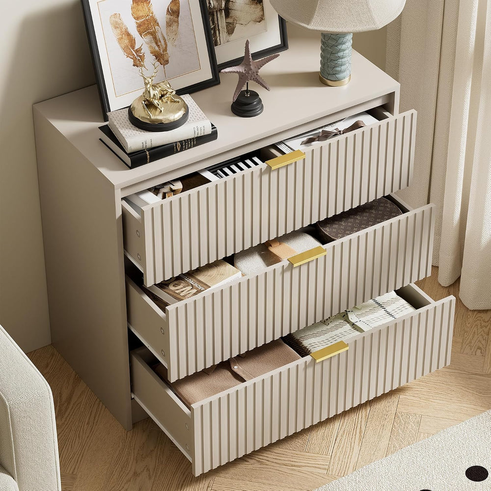 Beige 3 Drawer Modern Fluted Dresser for Bedroom with Gold Handles