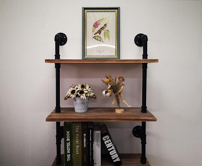 5 Tier Industrial Ladder Bookshelf, Wall Mounted Wood Metal Rustic Pipe Shelv...