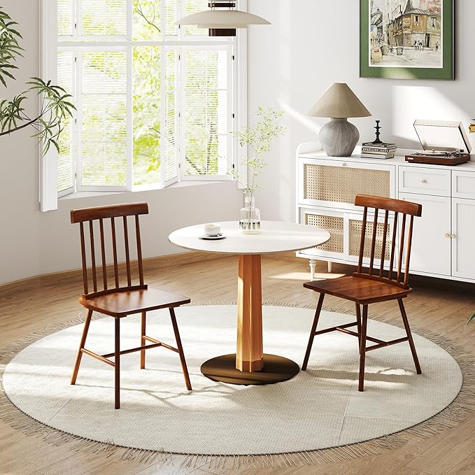 HOMCOM Windsor Dining Chairs Set of 2, Farmhouse Wooden Kitchen Chairs with Rubber Wood Frame and Spindle Backrest for Dining Room, Living Room, Light Brown